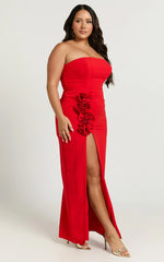 Ebby Maxi Dress - Strapless Rosette Thigh Split Dress in Red