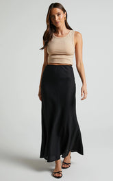 Collins Midi Skirt - Linen Look High Waisted Linen Look Bias Slip Skirt in Black