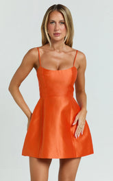 Carolina Mini Dress - Scoop Neck Panel Bodice Dress in Orange