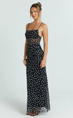 Gia Maxi Dress - Straight Neck Fitted Dress in Black White Spot