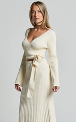 Andreia Midi Dress - Knitted Wrap Long Sleeve Dress in Cream
