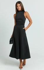 Macy Midi Dress - High Neck A Line Dress in Black