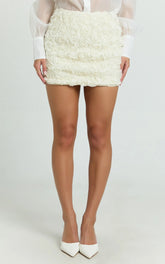 Alvana Mini Skirt - 3D Floral Mid Waist Skirt in White
