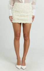 Alvana Mini Skirt - 3D Floral Mid Waist Skirt in White