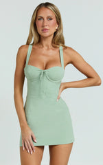 Mikayla Mini Linen Blend Dress - Sweetheart Ruched Bust Fitted Dress in Sage