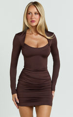 Misty Mini Dress - Wide Neckline Ruched Jersey Dress in Brown
