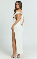 Anziel Maxi Dress - Underwire Off Shoulder Backless Column Jersey Tie Back in Off White