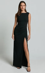 Celia Maxi Dress - Twist Shoulder Bodycon Thigh Split Dress in Black