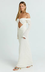 Romy Maxi Dress - Off Shoulder Long Sleeve Cut Out Gold Trim Fitted Dress in Ivory