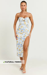 Frederica Midi Linen Blend Dress - Gathered Sweetheart Tie Back Front Split Dress in Limoncello Tile