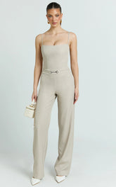 Charlize Pants - Stretch Slim Leg Front Buckle Pants in Stone