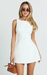 Raquelle Mini Dress - Boucle Boat Neck V Back Fit and Flare Dress in White