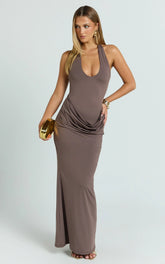 Heath Maxi Dress - Scoop Halter Neck With Drape Front Skirt Back Split Dress in Brown