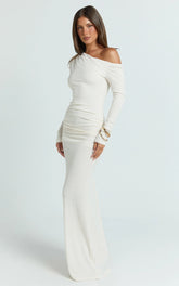 Faith Maxi Dress - Off Shoulder Long Sleeve Maxi Dress in Cream