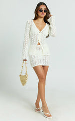 Henrietta Top - Long Sleeve Button Front V Neck Knit Top in Off White