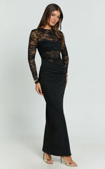 Crisanta Maxi Dress - Long Sleeve Contrast Lace Bodycon Dress in Black