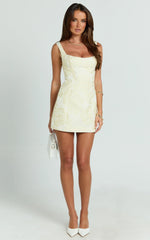 Orla Mini Dress - Jacquard Scoop Neck Fitted Dress in Lemon