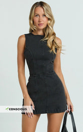 Olenna Mini Dress - High Neck Fitted Denim Dress in Washed Black