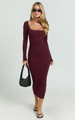 Lucy Midi Dress - Ribbed Side Ruched Bodycon Dress in Wine