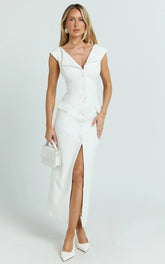 Calista Midi Dress - Boat Neck Button Down Pencil Dress in White