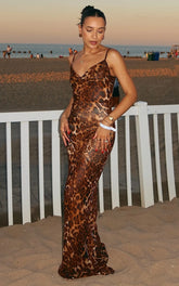 Hilary Maxi Dress - Sheer Cowl Neck Slip Dress in Leopard