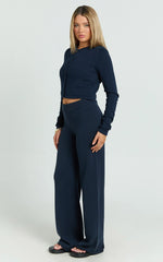 Ottie Pants - Mid Rise Straight Leg Knit Pants in Navy