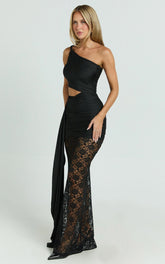 Ferguson Maxi Dress - One Shoulder Draped Jersey and Lace Dress in Black