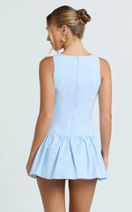 Izira Mini Dress - Boat Neck Drop Waist Shift Dress in Blue