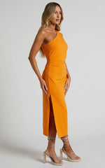 Monette Midi Dress - One Shoulder Straight Dress in Orange