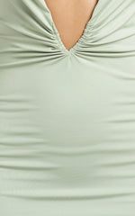 Alexa Maxi Dress - Plunge Cowl Neck Ruched Jersey Dress in Sage