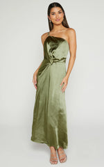 Estelle Midi Dress - One Shoulder Thigh Split Dress in Olive