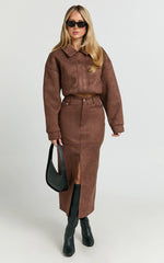 Nessa Midi Skirt - High Waisted Fitted Suede Skirt in Dark Chestnut