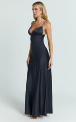 Cariela Midi Dress - Plunge Neck Satin Dress in Navy