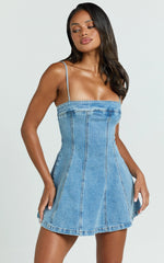 Sally Mini Dress - Straight Neck Fit and Flare Denim Dress in Mid Blue Wash