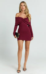 Rani Mini Dress - Off Shoulder Long Sleeve Bodycon Dress in Wine