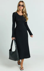 Blaire Midi Dress - Long Sleeve Tie Back Flare Dress in Black