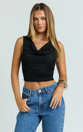 Dolores Top - Cowl Neck Lace Crop Top in Black
