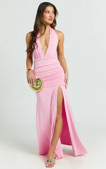 Eden Maxi Dress - Plunge Halter Neck Cut Out Bodycon Dress in Pink