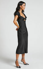 Emberlynn Midi Dress - Flutter Sleeve Cut Out Satin Dress in Black