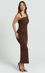 Emilia Midi Dress - Asymmetrical Neck Bodycon Dress in Brown