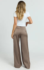 Cade Pants - Mid Waisted Front Pleat Satin Wide Leg Pants in Taupe