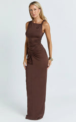 Ginny Maxi Dress - Jersey Ruched V Waist Dress in Chocolate