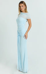 Nicolette Maxi Dress - Cape Sleeve Off Shoulder Dress in Blue