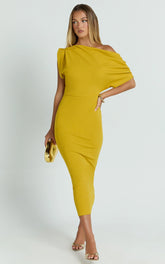 Nalfie Midi Dress - Tipped Shoulder Jersey Drape Dress in Mustard