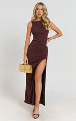 Audette Maxi Dress - Boat Neck Ruched Fitted Dress in Chocolate