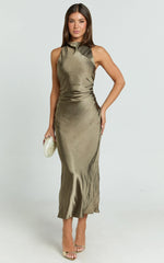 Aluna Midi Dress - High Neck Cross Back Satin Slip Dress in Olive