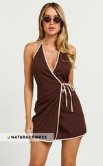 Connie Mini Dress - Linen Halter Neck Wrap Dress in Chocolate