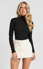 Isabela Bodysuit - High Neck Long Sleeve Ribbed Bodysuit in Black