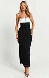 Emelia Midi Dress - Strappy Straight Neck Ruched Bust Dress in Black