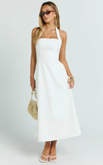 Karissa Midi Dress - Halter Neck Fitted Bodice Midi Soft A Line Skirt Dress in White